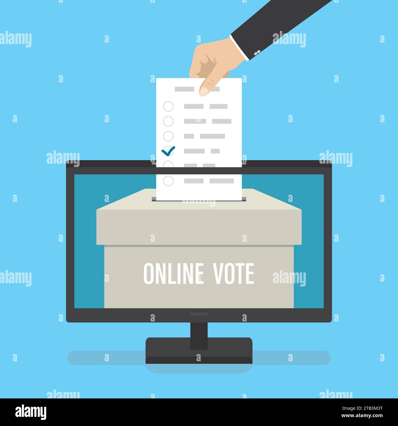 Online-Abstimmungskonzept. Wahlfeld auf dem Monitor. Elektronisches Referendum oder Wahlhintergrund. Hand hält Papier Stimmzettel. Fernbedienung und Technologie Stock Vektor