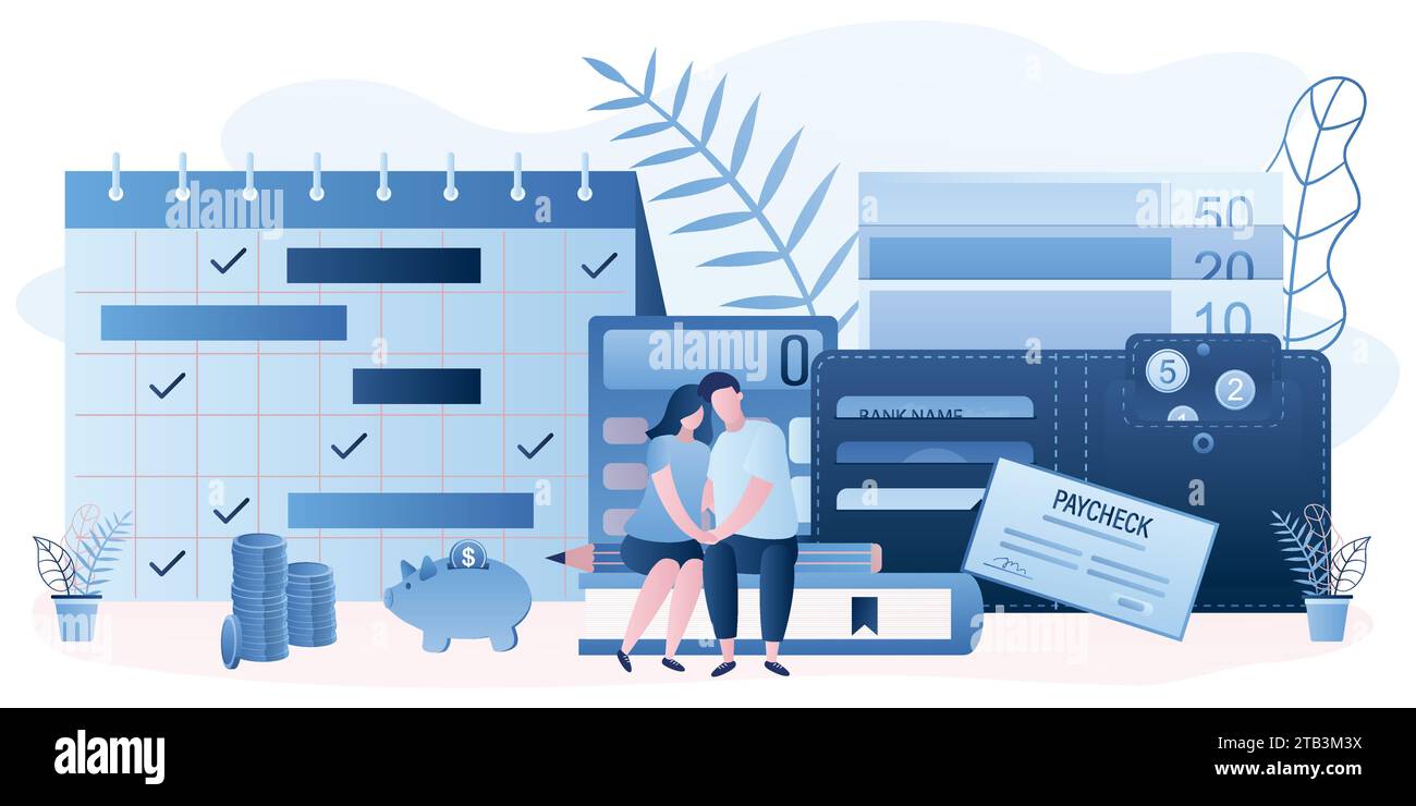 Familienbudget-Konzept. Ich liebe Paare und Geldmanagement. Geldbörse mit Banknoten und Münzen. Monatsplaner, Taschenrechner und Sparkasse. Altersvorsorge Stock Vektor