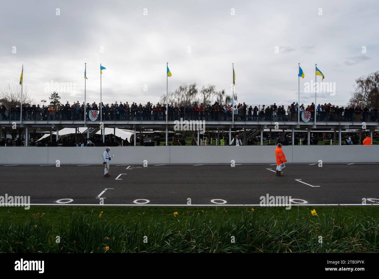 Zwei Marshals stehen auf der Start-Ziel-Straße und warten darauf, dass Autos anstehen, 80. Mitgliederversammlung, Goodwood Motor Racing Circuit, Chichester, Großbritannien Stockfoto