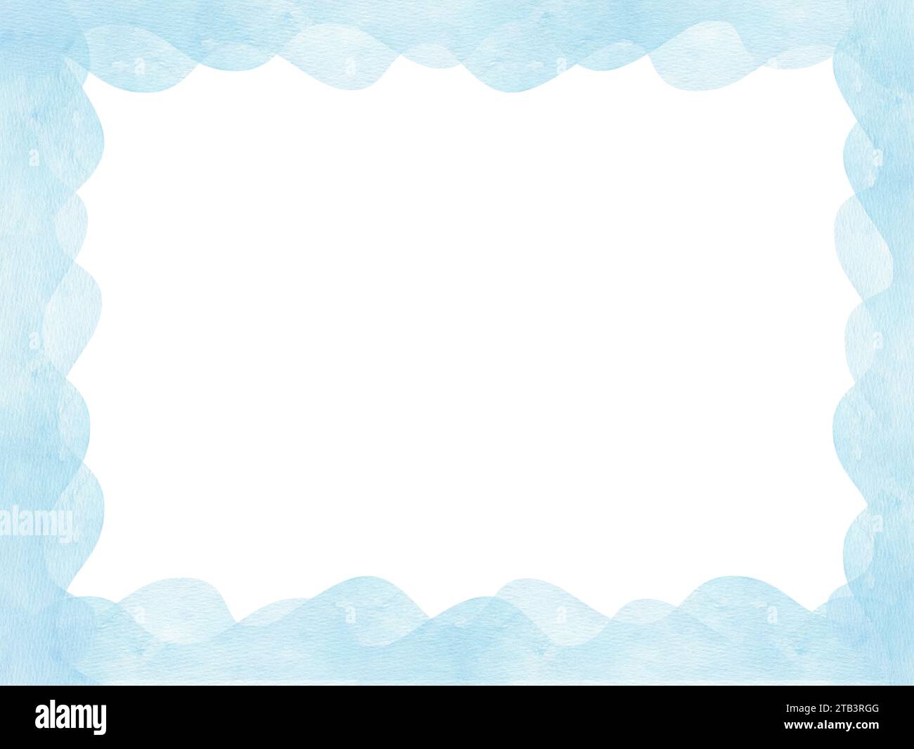 Horizontaler Rahmen. Abstrakte blaue Wellen. Hintergrund mit Aquarellflecken, Texturpapier. Simulierte Wolken und Himmel, Welle. Für Postkarten, Etiketten, Begrüßungen, Einladungen Stockfoto