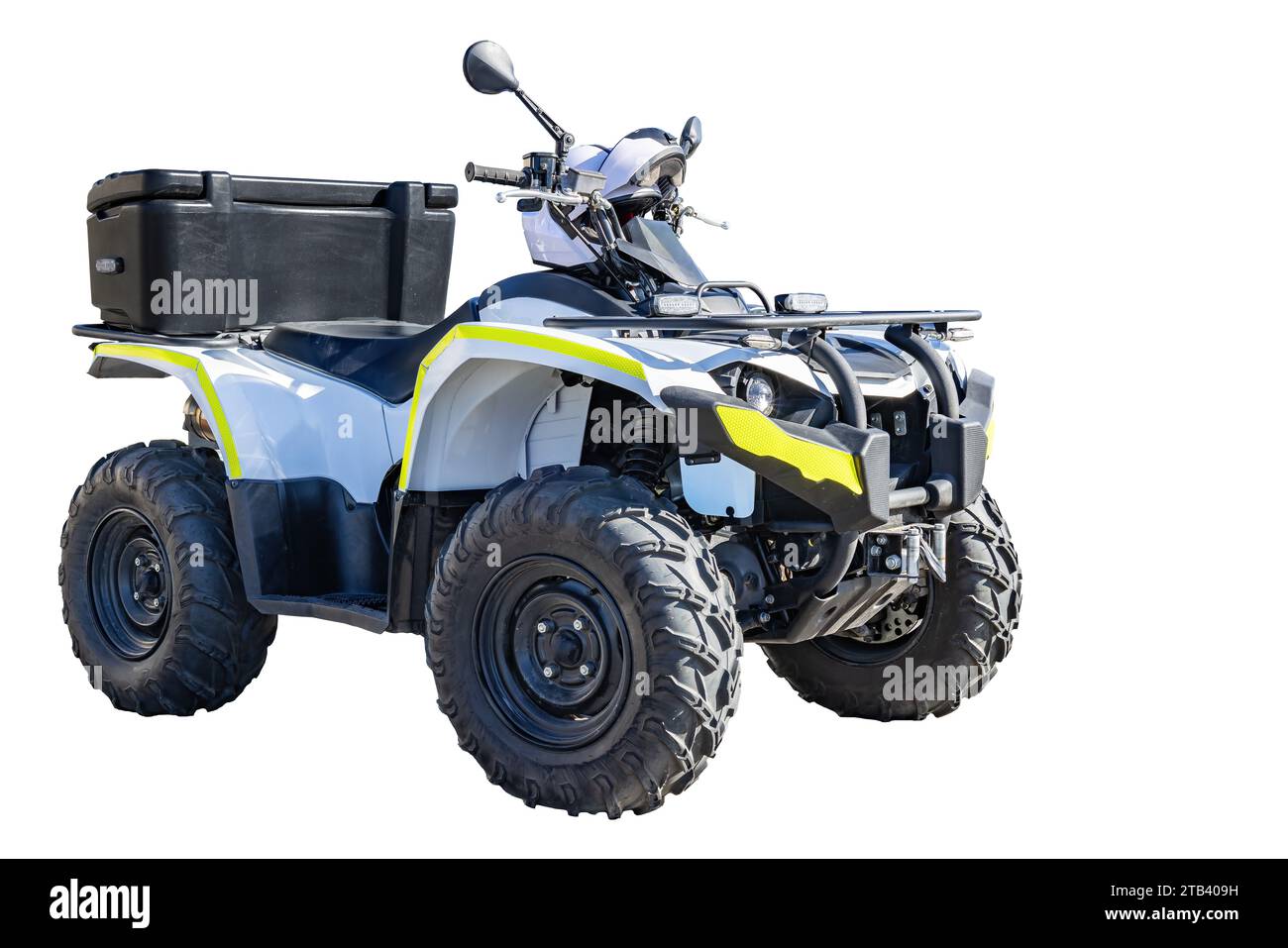 Quad Quad Bike, Geländefahrzeug, mit Helm auf, isoliert auf weißem Hintergrund mit Platz für Text Stockfoto