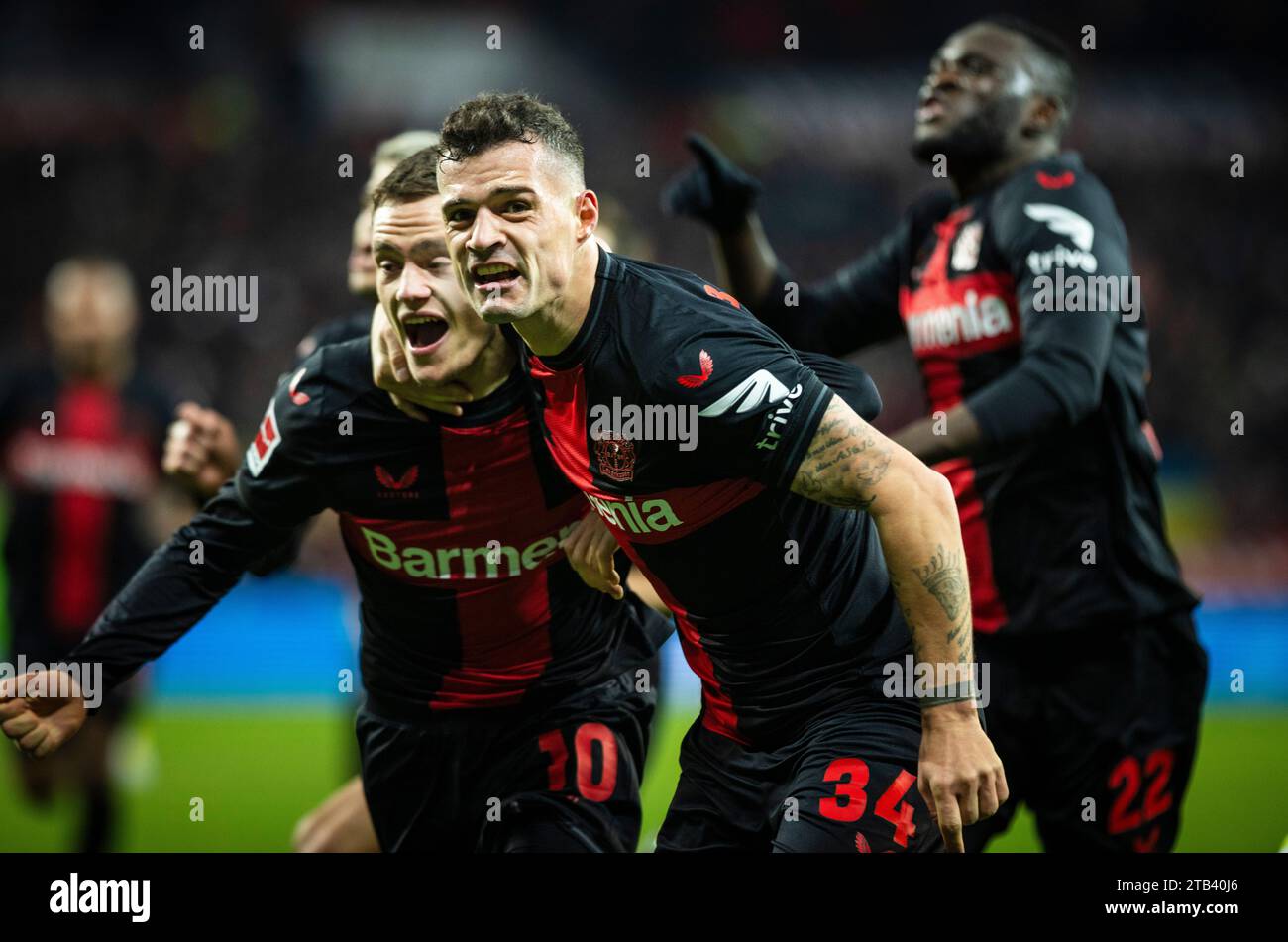 Leverkusen, Deutschland. Dezember 2023. Torjubel: Florian Wirtz (Leverkusen), Granit Xhaka (Leverkusen), Victor Boniface (Leverkusen) Bayer Leverkusen - Stockfoto