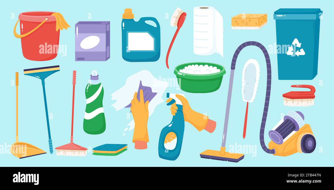 Reinigungszubehör. Allgemeine Ordnung und Sauberkeit. Chemische Reinigungsmittel. Sprühflasche. Waschwerkzeuge. Eimer und Mopp. Seifenschaum. Haushaltszubehör für Stock Vektor