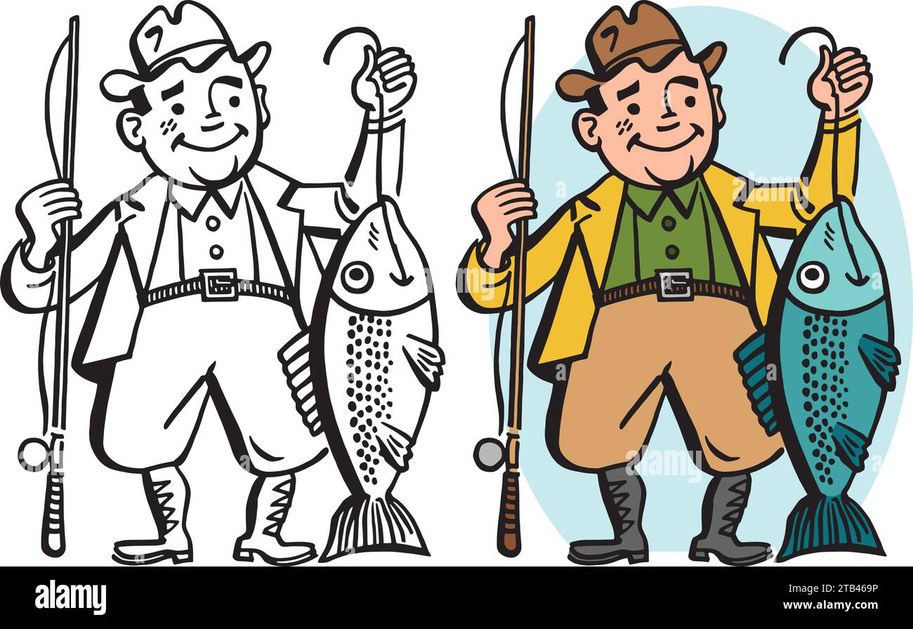 Ein Vintage-Retro-Cartoon eines stolzen Fischers, der einen großen Fisch hält, den er gefangen hat. Stock Vektor