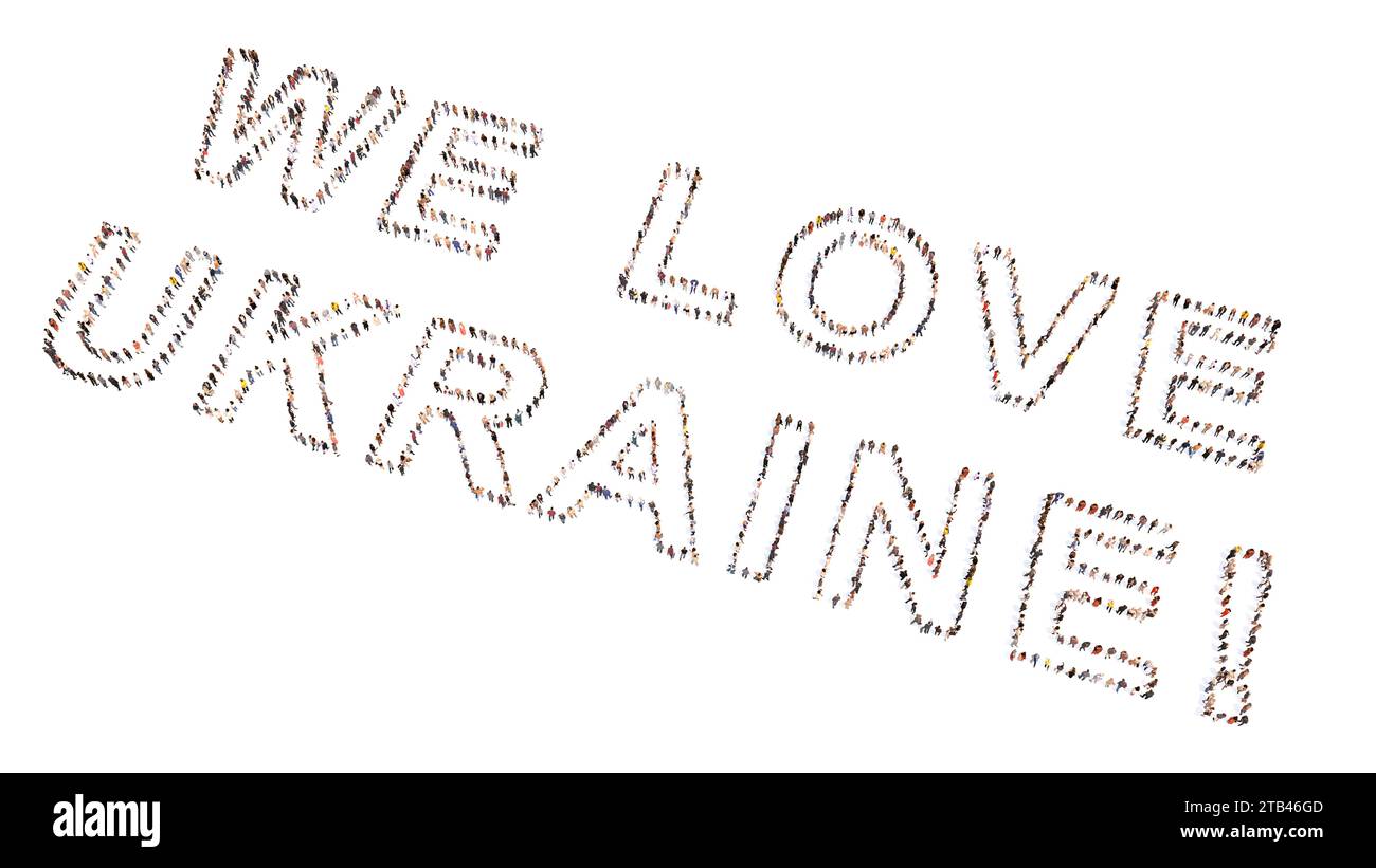 Konzept oder konzeptionelle große Gemeinschaft von Menschen, die DIE Botschaft „WIR LIEBEN DIE UKRAINE“ formulieren. 3D-Illustration Metapher für Patriotismus, Land, Kultur, Geschichte Stockfoto