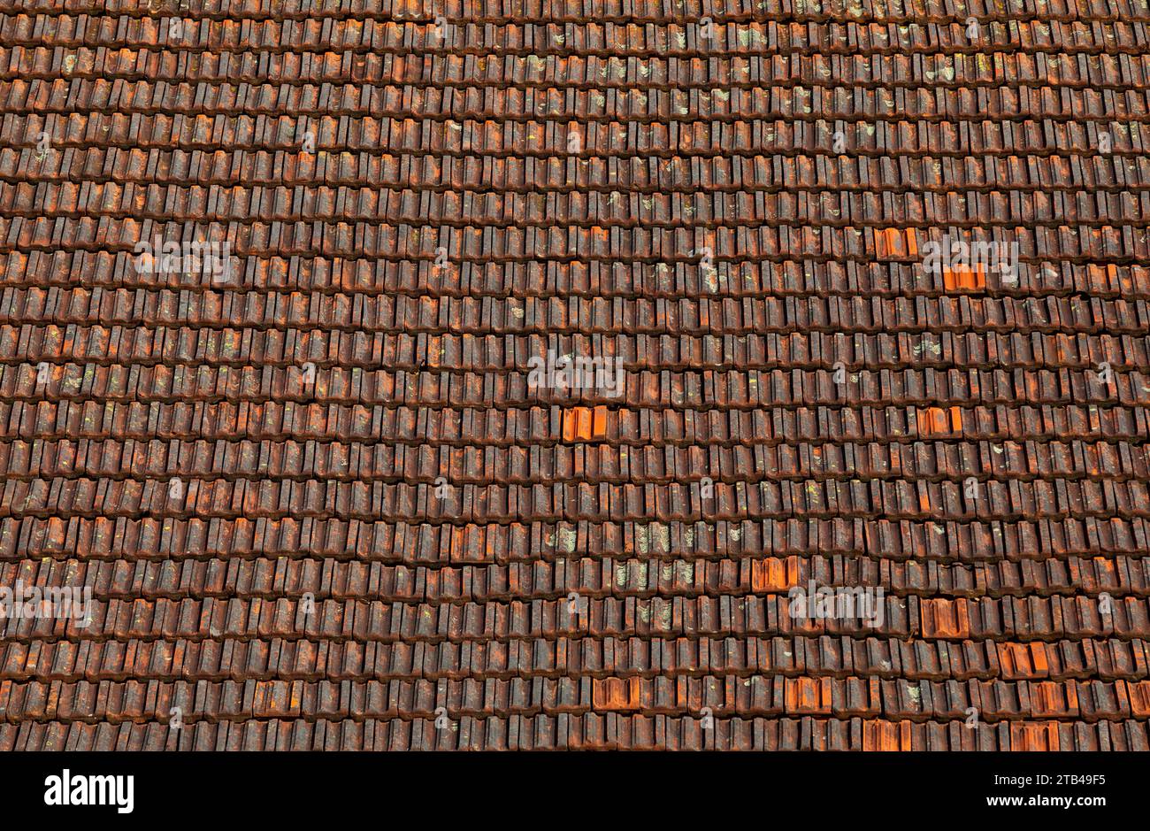 Altes verwittertes Ziegeldach, Wohngebäude, Österreich Stockfoto