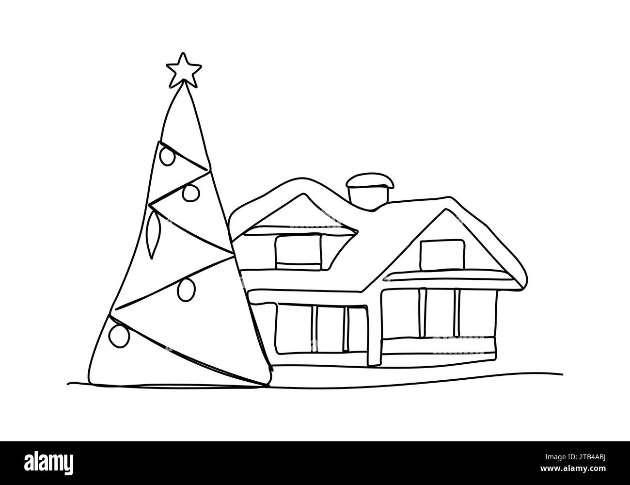 Haus und dekorierter Weihnachtsbaum, eine Linie Zeichnung Vektor Illustration. Stock Vektor