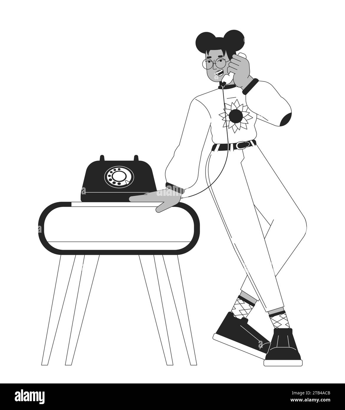 Ich spreche auf altmodischen Telefon-Schwarz-weiß-Zeichentrick-flachen Illustration Stock Vektor