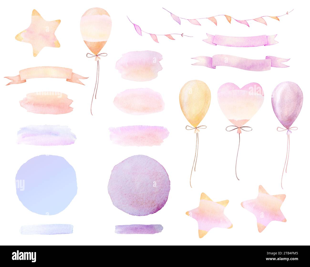 Aquarellband Banners Spots Clipart. Pinke Elemente für Kartendesign. Aquarellballons für Baby Card-Illustrationen. Aquarellset Stockfoto