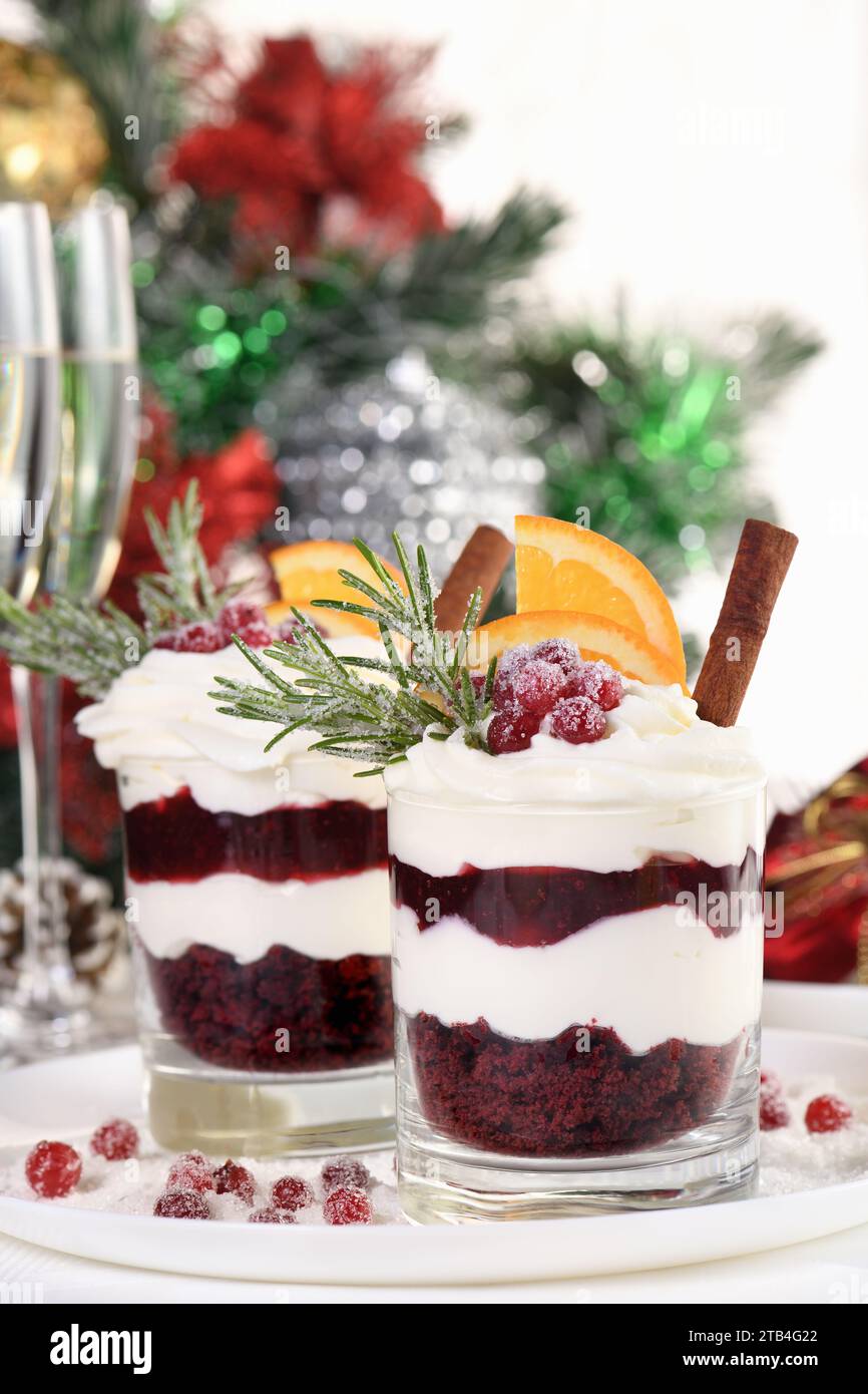 Weihnachts-Cranberry-Dessert-Tiramisu mit Mascarpone und Schlagsahne, Schokoladen-Kekskrümel und Cranberry-Marmelade, garniert mit Orangenscheiben, Dose Stockfoto