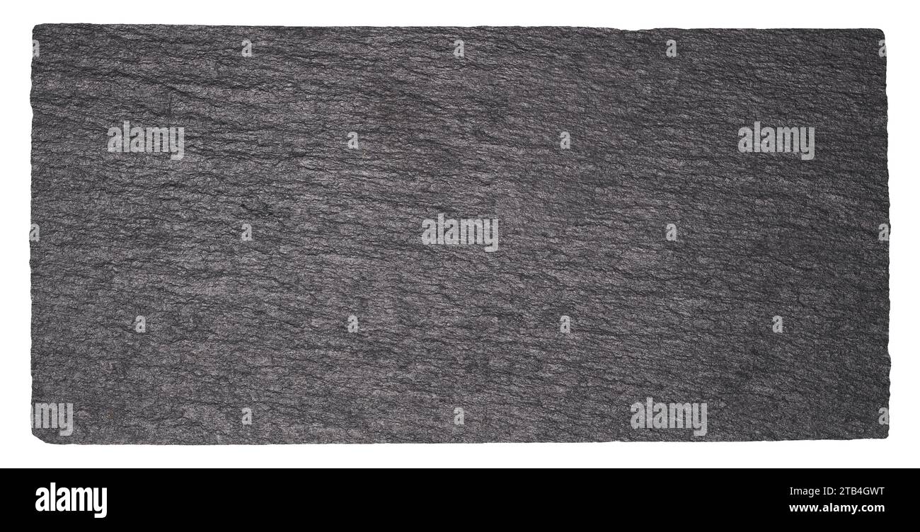 Quadratische leere Platte in schwarzem Schiefer isoliert auf weißem Hintergrund Stockfoto