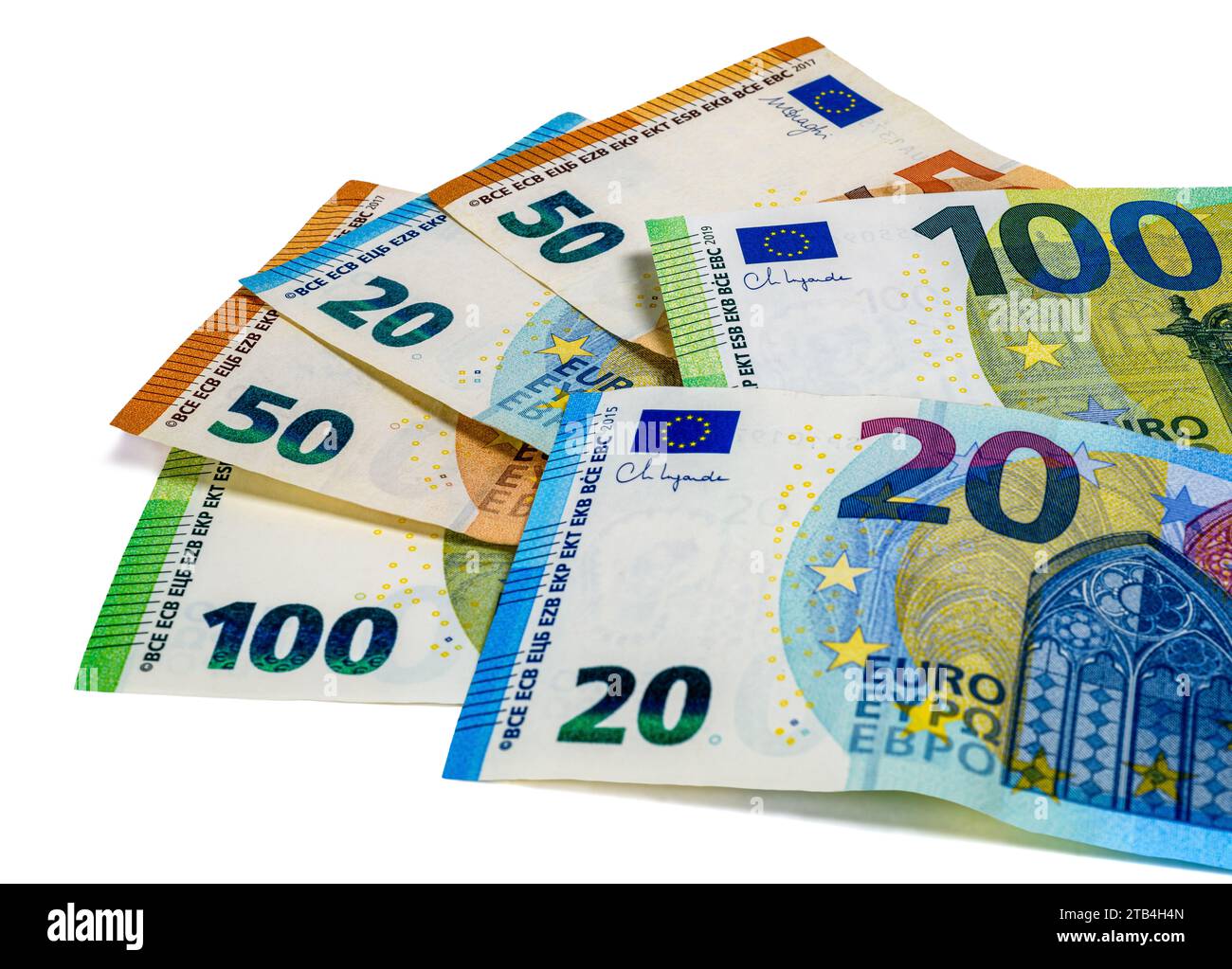 Euro-Banknoten auf weißem Hintergrund Stockfoto