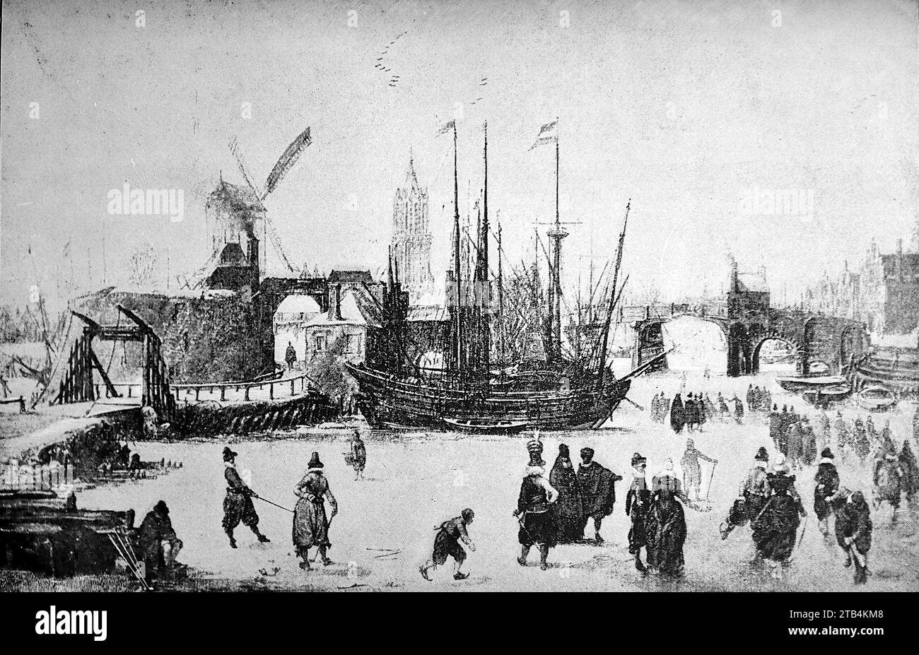 Ein altes niederländisches Bild, ein Ad-hoc-Golfspiel in einem Hafen, nicht zugeschrieben. Aus einer Illustration über Golf von 1889 bis 1901. Die Geschichte des Golfs ist lang. Obwohl seine Ursprünge umstritten sind, sind sich die Historiker allgemein einig, dass das sogenannte „moderne“ Golf im Mittelalter in Schottland begann. Erst Mitte bis Ende des 19. Jahrhunderts wurde dieser Sport in Großbritannien, dem britischen Empire und dann in den Vereinigten Staaten populärer. Im Laufe der Jahre haben sich der bescheidene Golfball und der Golfclub stark verändert. Stockfoto