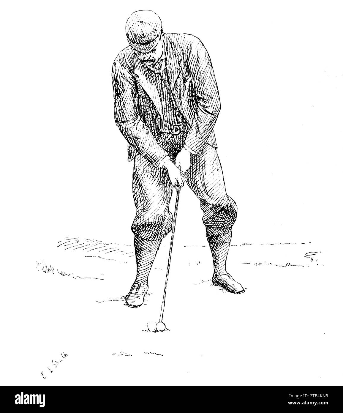 Die Position für den Anflug, von E.L. Shute. Aus einer Illustration über Golf von 1889 bis 1901. Die Geschichte des Golfs ist lang. Obwohl seine Ursprünge umstritten sind, sind sich die Historiker allgemein einig, dass das sogenannte „moderne“ Golf im Mittelalter in Schottland begann. Erst Mitte bis Ende des 19. Jahrhunderts wurde dieser Sport in Großbritannien, dem britischen Empire und dann in den Vereinigten Staaten populärer. Im Laufe der Jahre haben sich der bescheidene Golfball und der Golfclub stark verändert. Stockfoto
