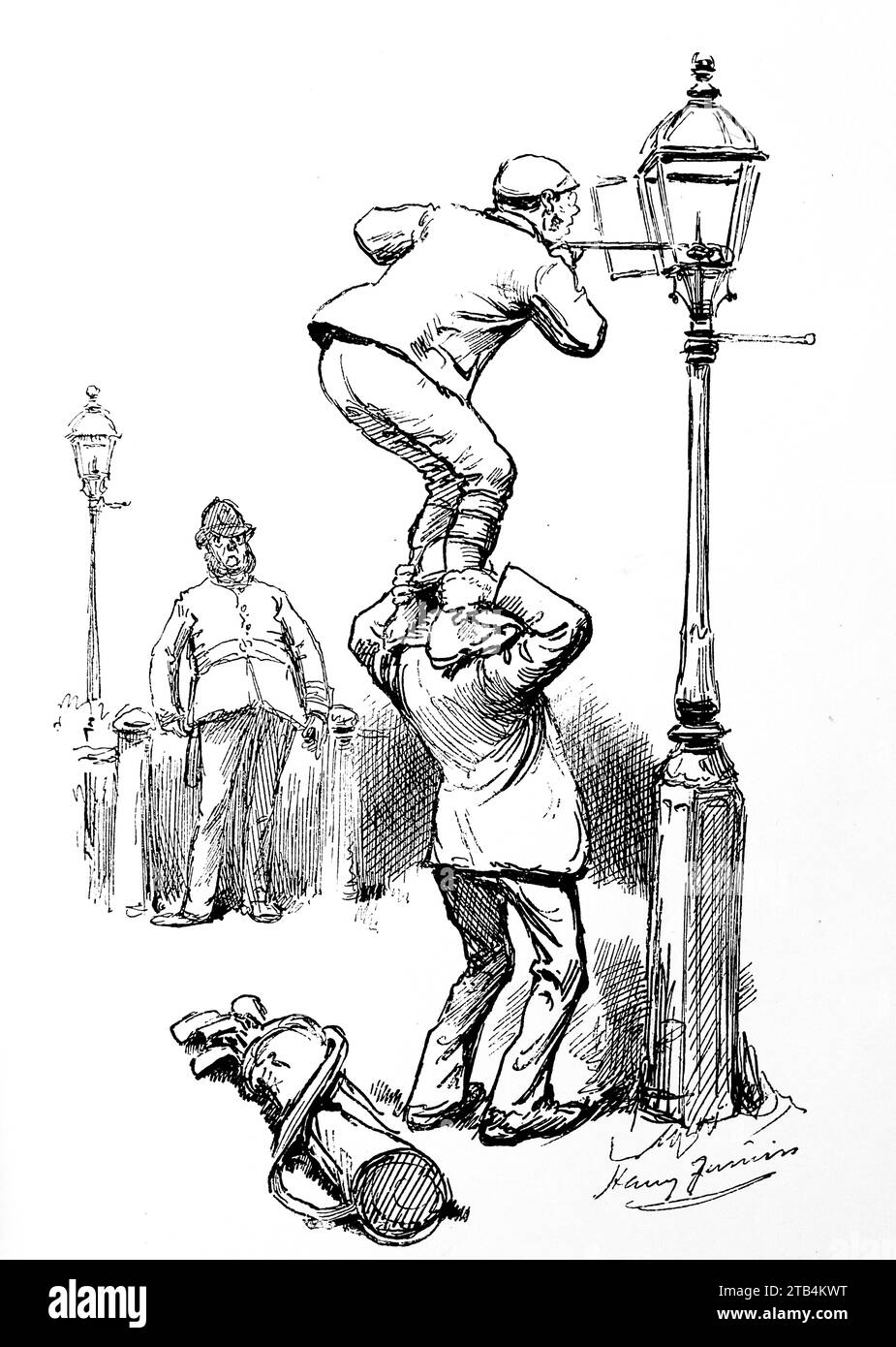 A Caddie's Duty, Comic-Bild eines Caddie, der einen Ball aus einer Straßenlaterne holt, von H. Furniss. Aus einer Illustration über Golf von 1889 bis 1901. Die Geschichte des Golfs ist lang. Obwohl seine Ursprünge umstritten sind, sind sich die Historiker allgemein einig, dass das sogenannte „moderne“ Golf im Mittelalter in Schottland begann. Erst Mitte bis Ende des 19. Jahrhunderts wurde dieser Sport in Großbritannien, dem britischen Empire und dann in den Vereinigten Staaten populärer. Im Laufe der Jahre haben sich der bescheidene Golfball und der Golfclub stark verändert. Stockfoto