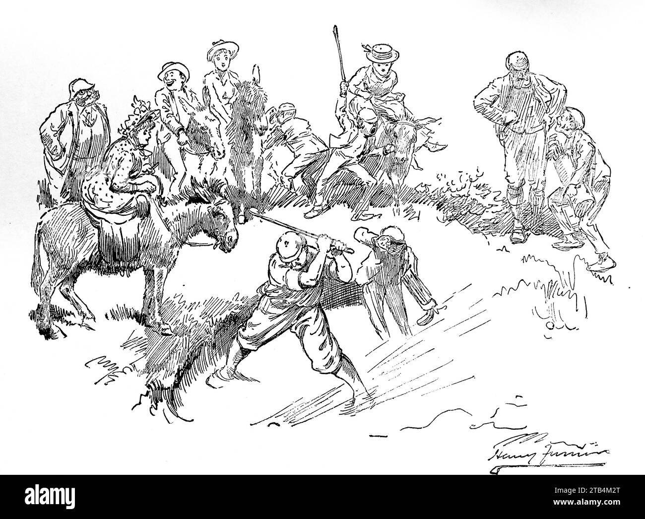 The Worst of Seaside Bunker in the Season, von H. Furniss. Aus einer Illustration über Golf von 1889 bis 1901. Die Geschichte des Golfs ist lang. Obwohl seine Ursprünge umstritten sind, sind sich die Historiker allgemein einig, dass das sogenannte „moderne“ Golf im Mittelalter in Schottland begann. Erst Mitte bis Ende des 19. Jahrhunderts wurde dieser Sport in Großbritannien, dem britischen Empire und dann in den Vereinigten Staaten populärer. Im Laufe der Jahre haben sich der bescheidene Golfball und der Golfclub stark verändert. Stockfoto