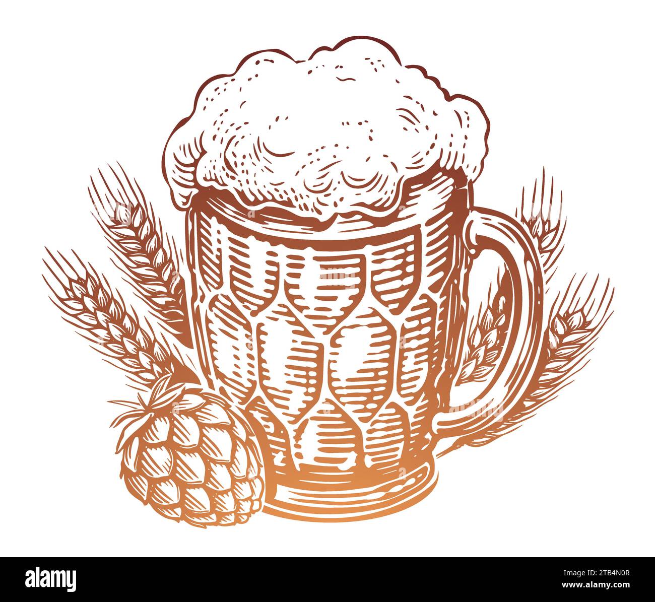 Handgezogener Becher Bier mit Schaum, Hopfen und Weizen. Pub, Skizze Vintage Vektor Illustration Stock Vektor