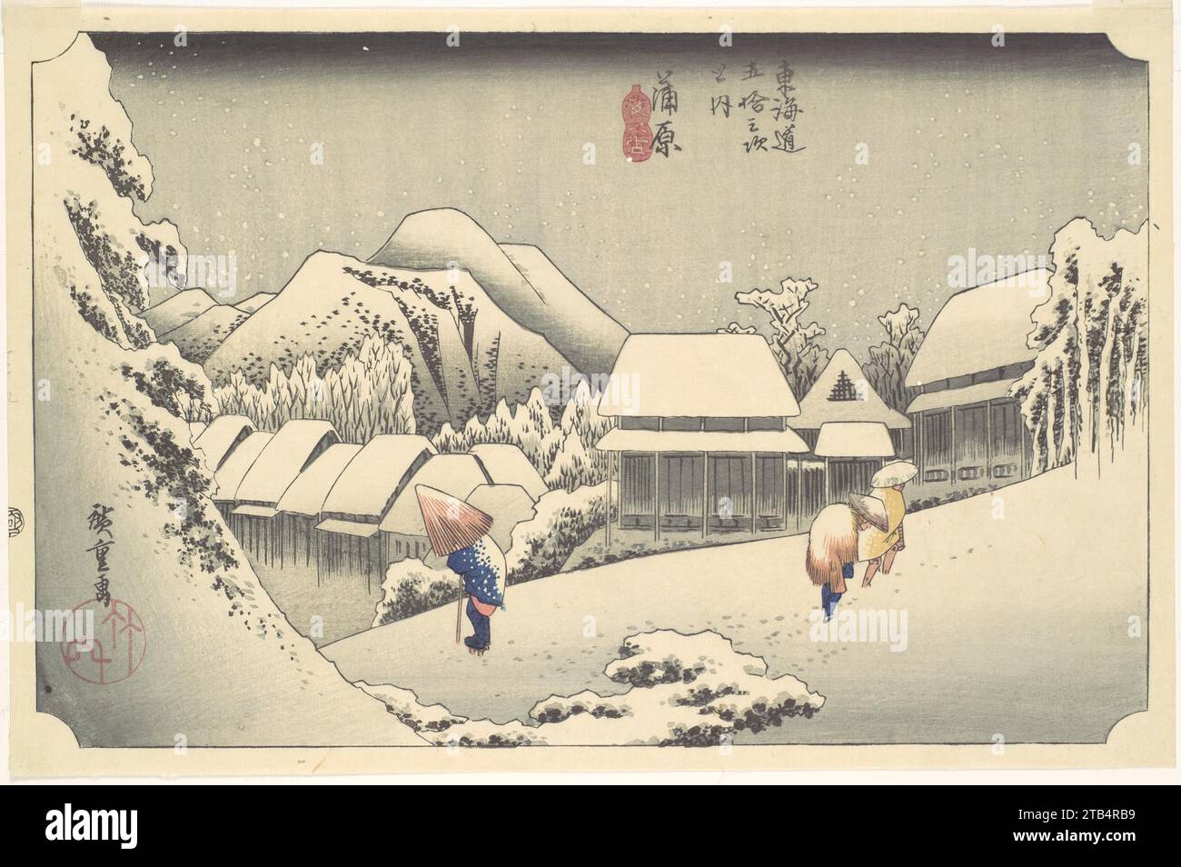 Evening Snow at Kanbara, aus der Serie „Fifty-Three Stations of the Tokaido“ 1936 von Utagawa Hiroshige Stockfoto