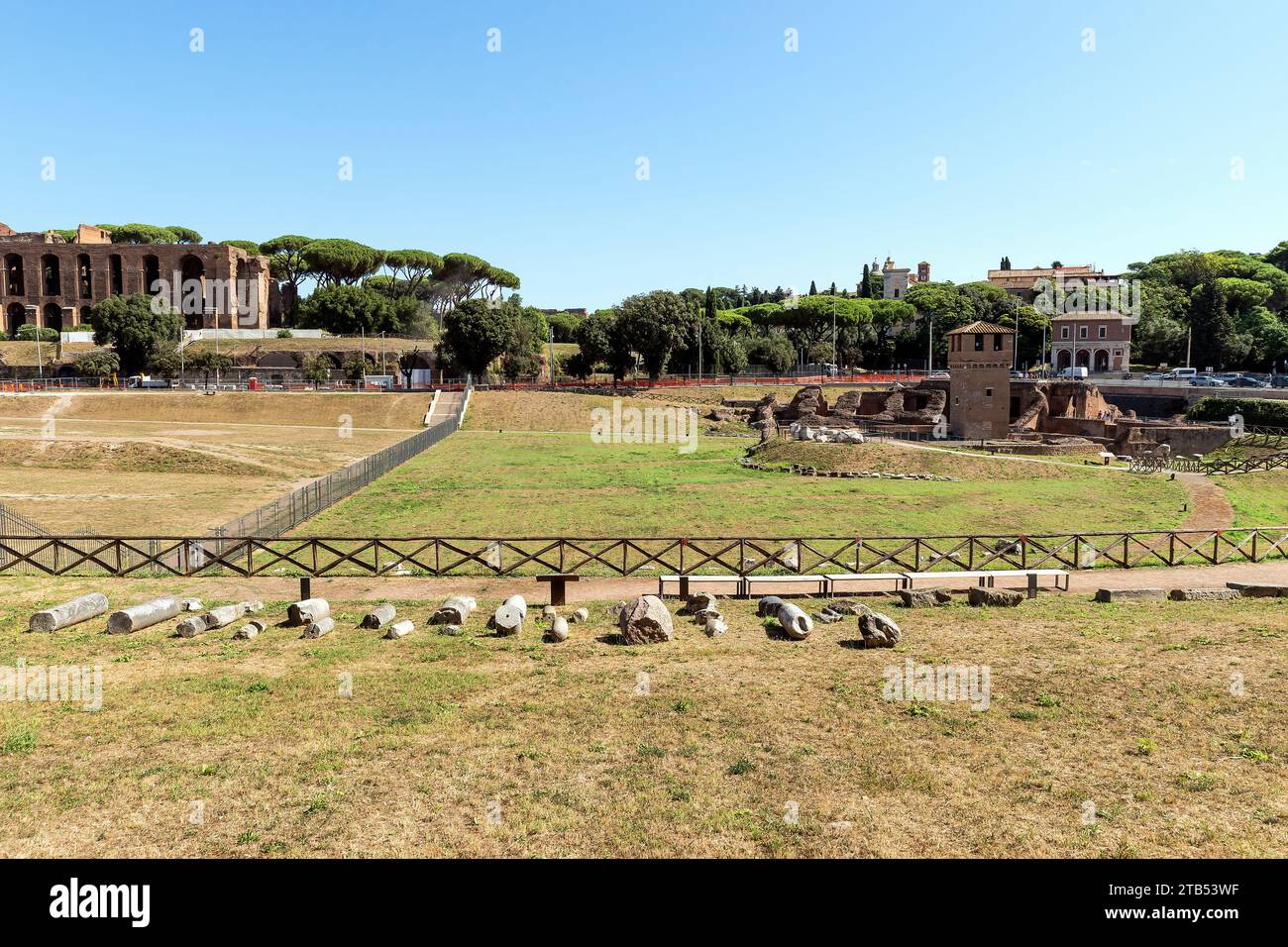 Panoramablicke des Circus Maximus (Circo Massimo) in Rom, Provinz Latium, Italien. Stockfoto