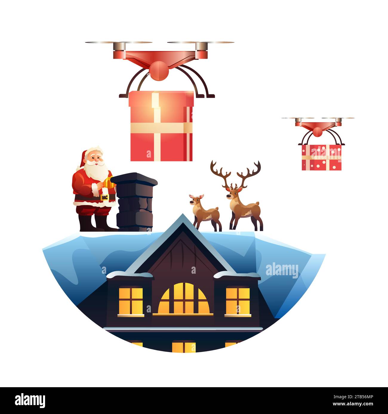 weihnachtsmann mit Lieferdrohnen mit Geschenkbox auf verschneiten Hausdach Frohe weihnachten Frohe Neujahrsferien Winterferien Flugpostkonzept Stock Vektor