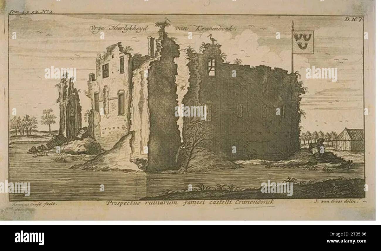 Vrije heerlijkheid van Kranendonk - Kasteelruine - Prospekt ruinarum famosi castelli Cranendonck. Stockfoto