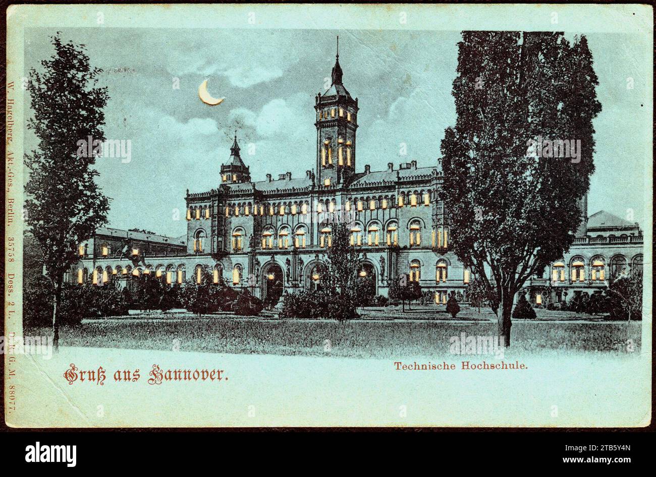 W. Hagelberg AG PC 035758 Dess. 2 L. D.R.G.M. 88077 Gruß aus Hannover. Technische Hochschule Bildseite Halt gegen das Licht. Stockfoto