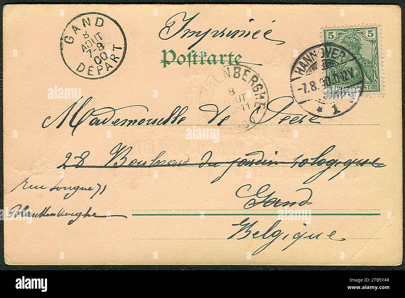 W. Hagelberg AG PC 035758 Dess. 2 L. D.R.G.M. 88077 Gruß aus Hannover. Technische Hochschule Adressseite Imprimée Mademoiselle te Seese Gand Belgique. Stockfoto