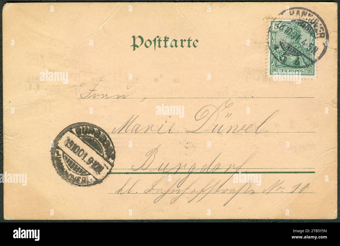 W. Hagelberg AG PC 035758 Dess. 1 L. D.R.G.M. 88077 Gruß aus Hannover. Café Kröpcke. Georgstraße. Adressseite Marie Dünel ... Burgdorf. Stockfoto