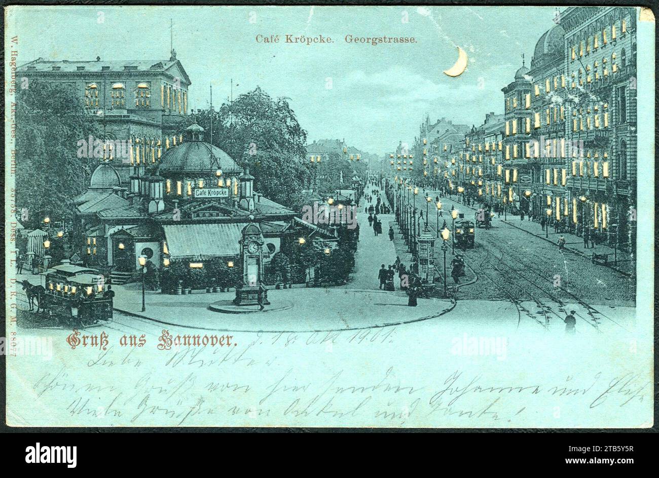 W. Hagelberg AG PC 035758 Dess. 1 L. D.R.G.M. 88077 Gruß aus Hannover. Café Kröpcke. Georgstraße. Bildseite Halt gegen das Licht. Stockfoto