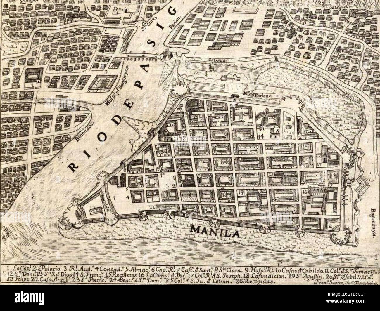 Stadtmauern von Manila, Detail aus Carta Hydrographica y Chorographica de las Yslas Filipinas (1734). Stockfoto
