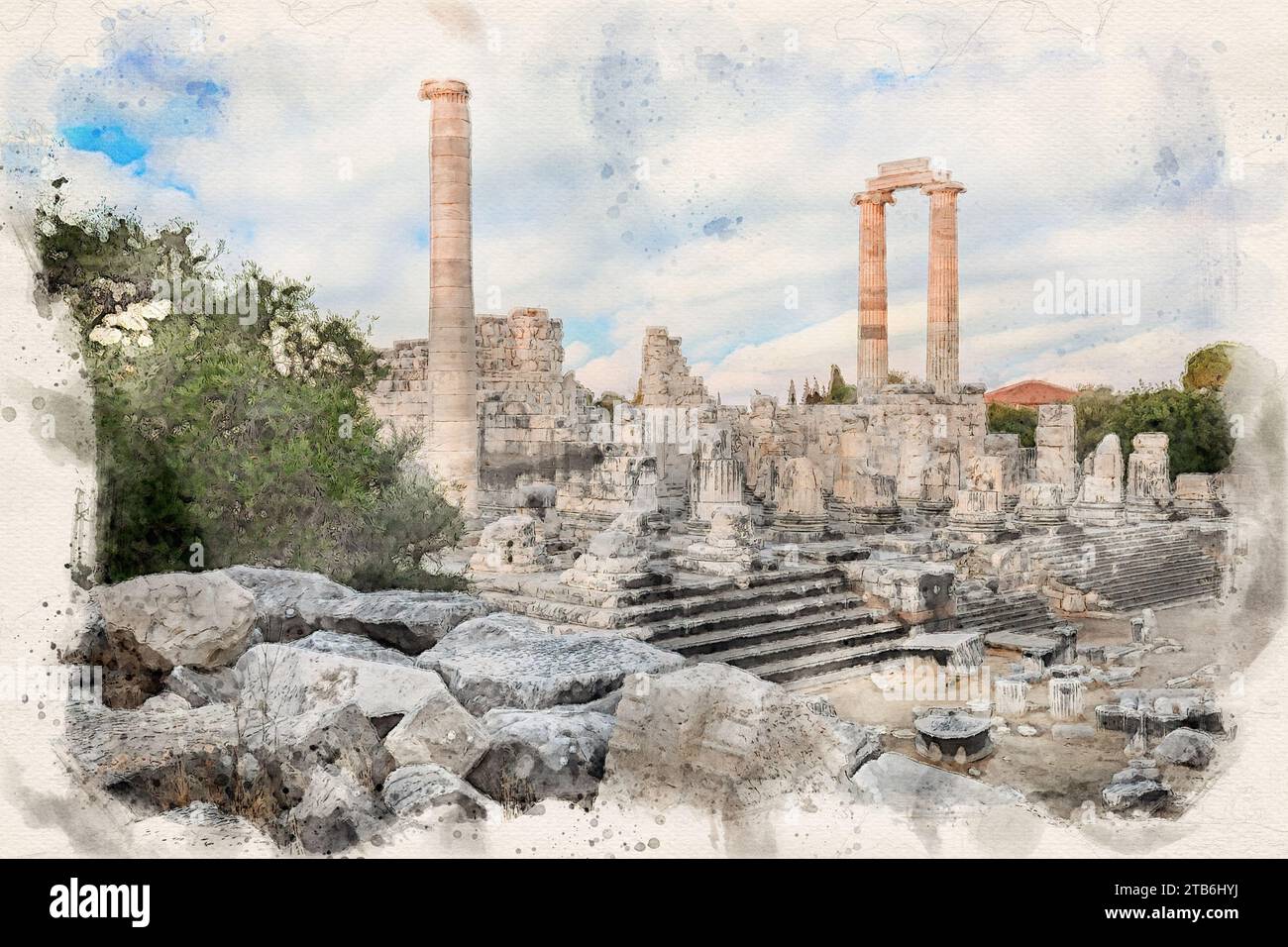 Tempel des Apollo in Didyma Ancient City in Didim, Türkei in Aquarellstil Illustration Stockfoto