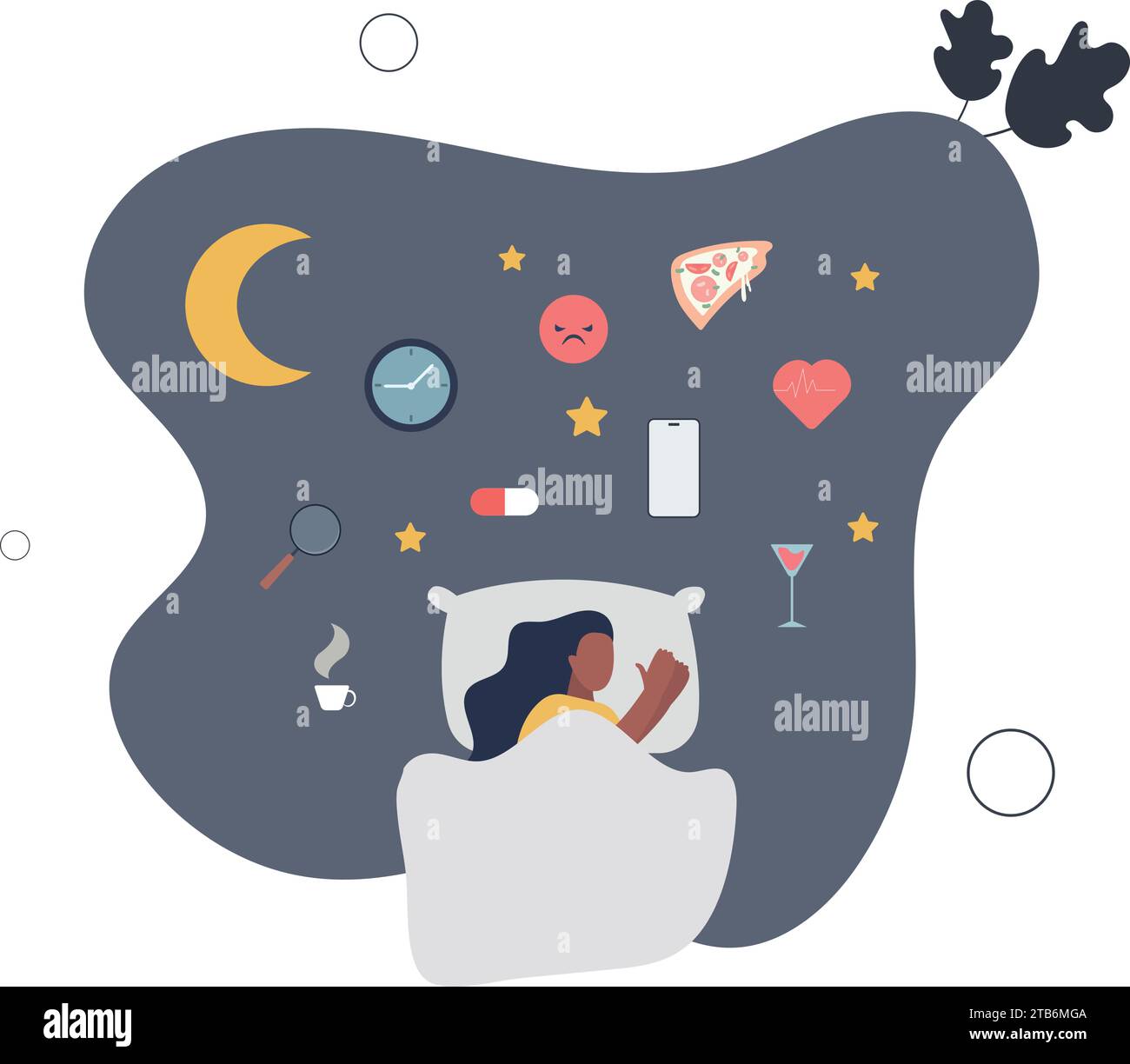 Schlaflosigkeit und Schlafstörungen in der Nacht. Schlaflose Problemursachen und schlechte Gewohnheiten wirken sich auf Entspannung und hochwertige Schlafhygiene aus. Stock Vektor