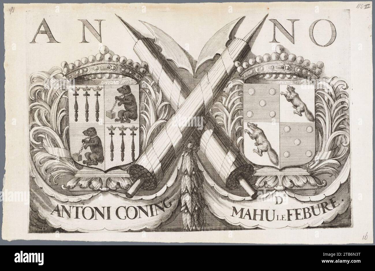 Wapens van Antonie coning en Dr. Mahu le Febure, Burgemeesters van Haarlem hinter Tür R. de Hooghe. - s.l. s.n. 1688. - 1 prent kopergravure Moet 26 x 38,2 cm, Blad 27,7, Stockfoto