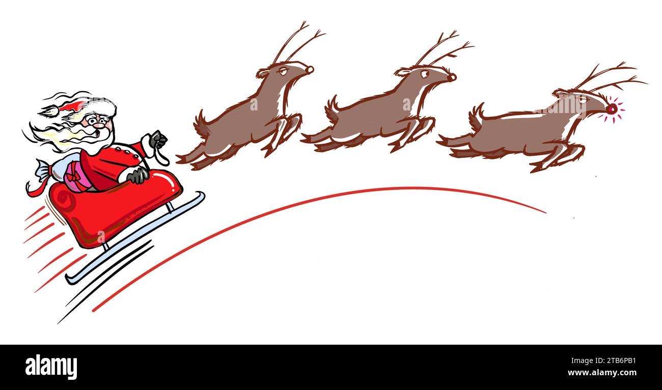 Cartoon-Illustration von drei Rentieren, die den Weihnachtsmann über den Himmel ziehen. Der Weihnachtsmann sieht besorgt aus, weil die Rentiere zu schnell fahren. Stockfoto