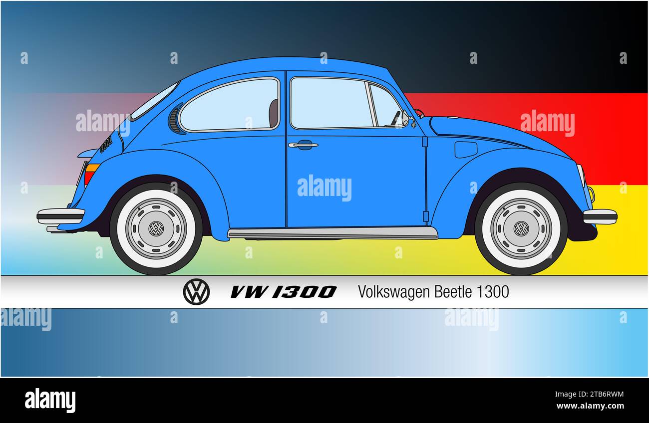 Deutschland, Jahr 1972, Volkswagen Beetle VW1303, Silhouette Oldtimer, farbige Illustration auf der deutschen Flagge im Hintergrund Stockfoto