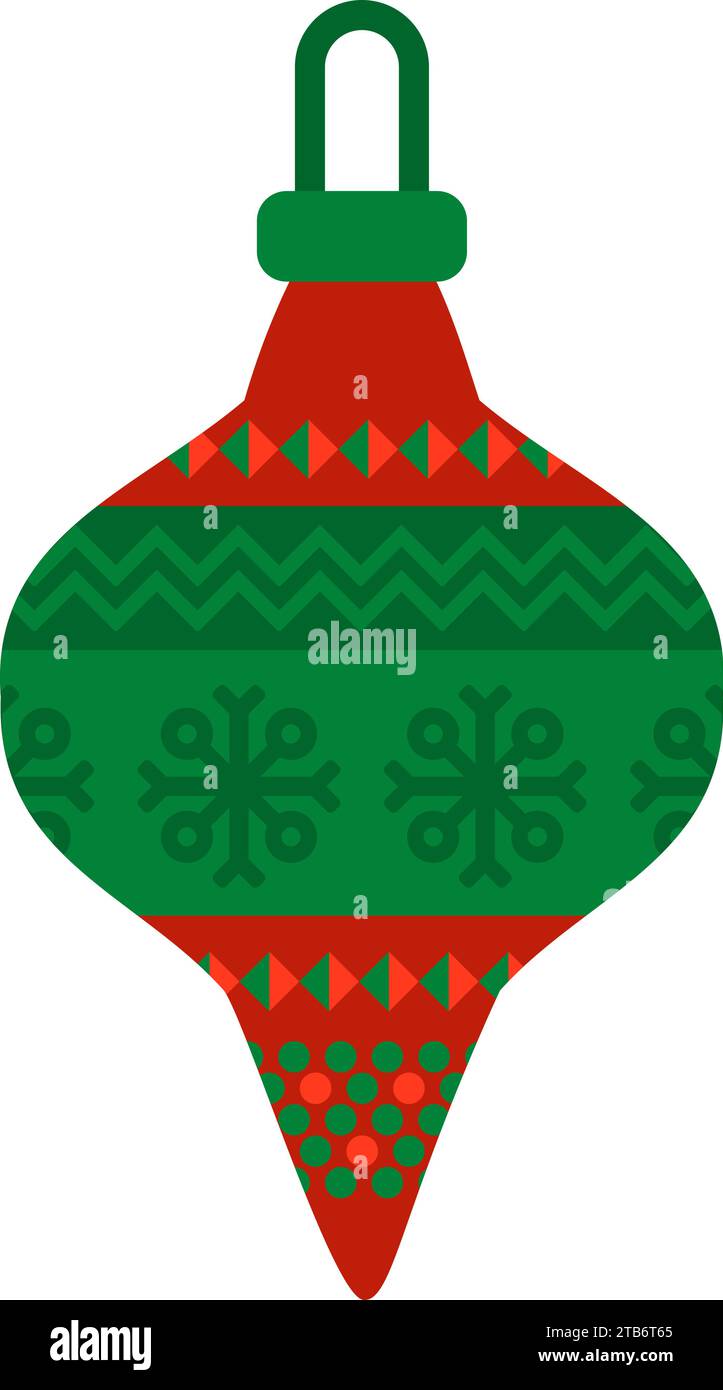 Weihnachtsbaumspielzeug mit norwegischem Nationalfeiermuster in Rot und Grün. Weihnachtsbaumspielzeug im handgefertigten, kunstvollen Strickstil. Einfacher flacher Vektor Stock Vektor