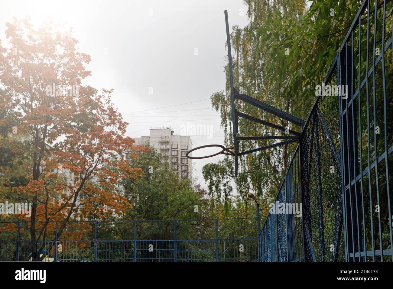 Basketballkorb mit Herbstlaub. Basketballplatz im Freien im Herbst leer Stockfoto