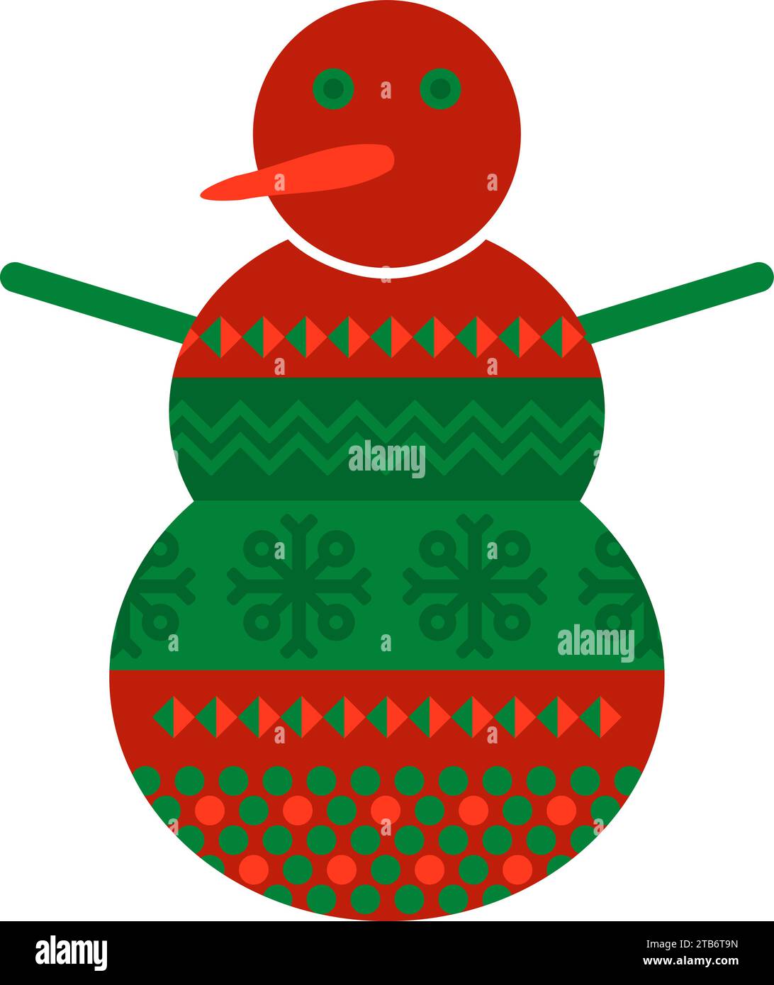 Schneemann mit norwegischem Nationalfeiermuster in roten und grünen Farben. Schneemann im handgefertigten, kunstvoll verzierten Stil. Einfacher flacher Vektor isoliert auf Wi Stock Vektor