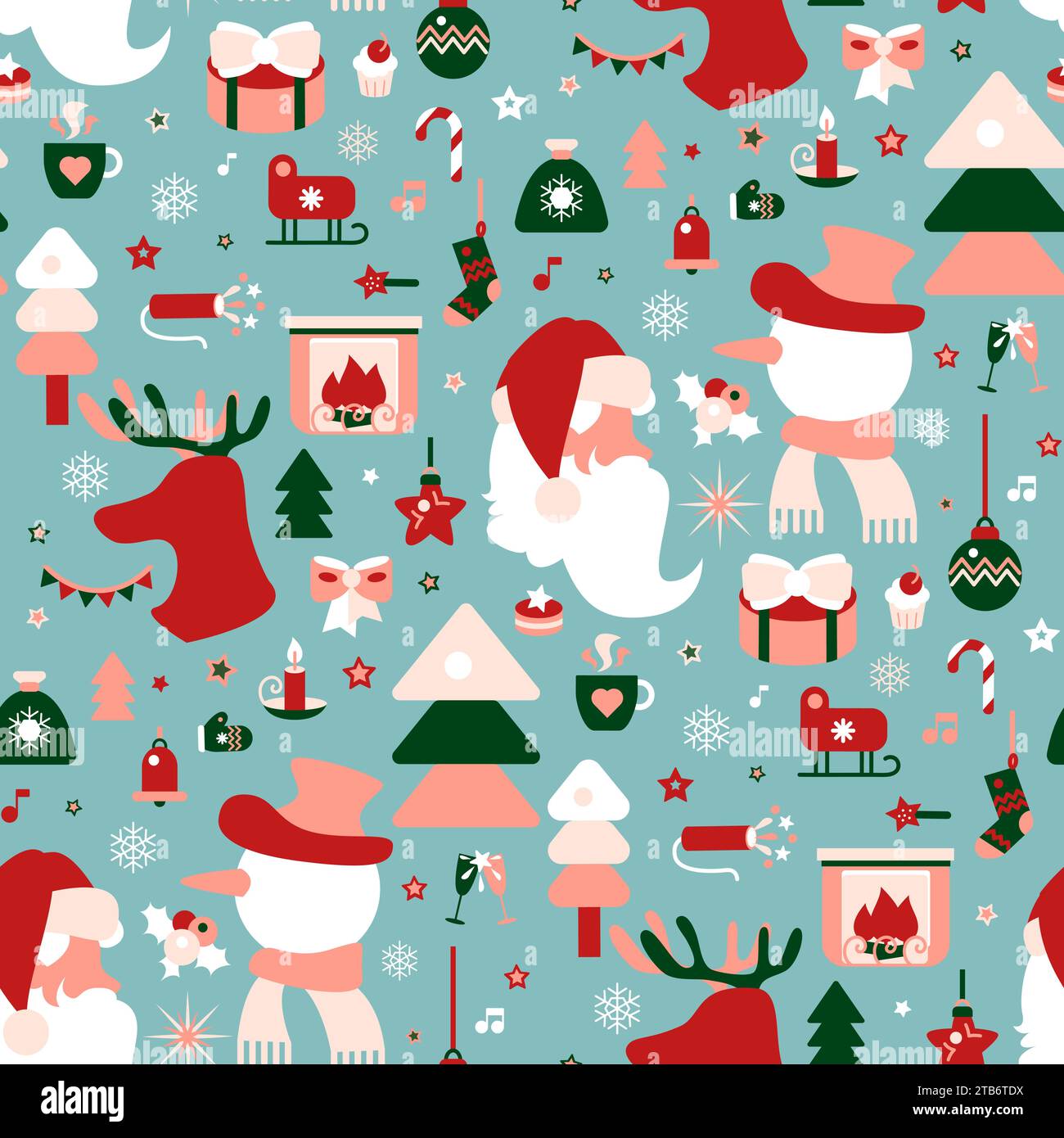 Nahtloses Weihnachtsmuster in roten weißen Farben mit Weihnachtsbaumspielzeug, Weihnachtsmann, Schneemann, Hirsch, Geschenke, Überraschungen. Verziert zum Bedrucken auf Stoff, Verpackung Stock Vektor
