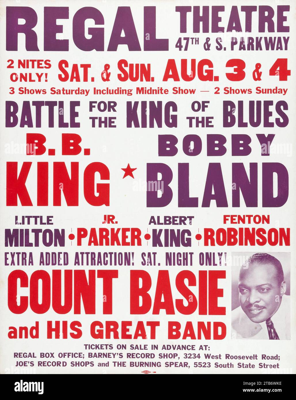 B. King, Bobby 'Blue' Bland, Count Basie 1963 Chicago Jumbo Concert Poster. Little Milton, Albert King, Fenton Robinson. Stockfoto