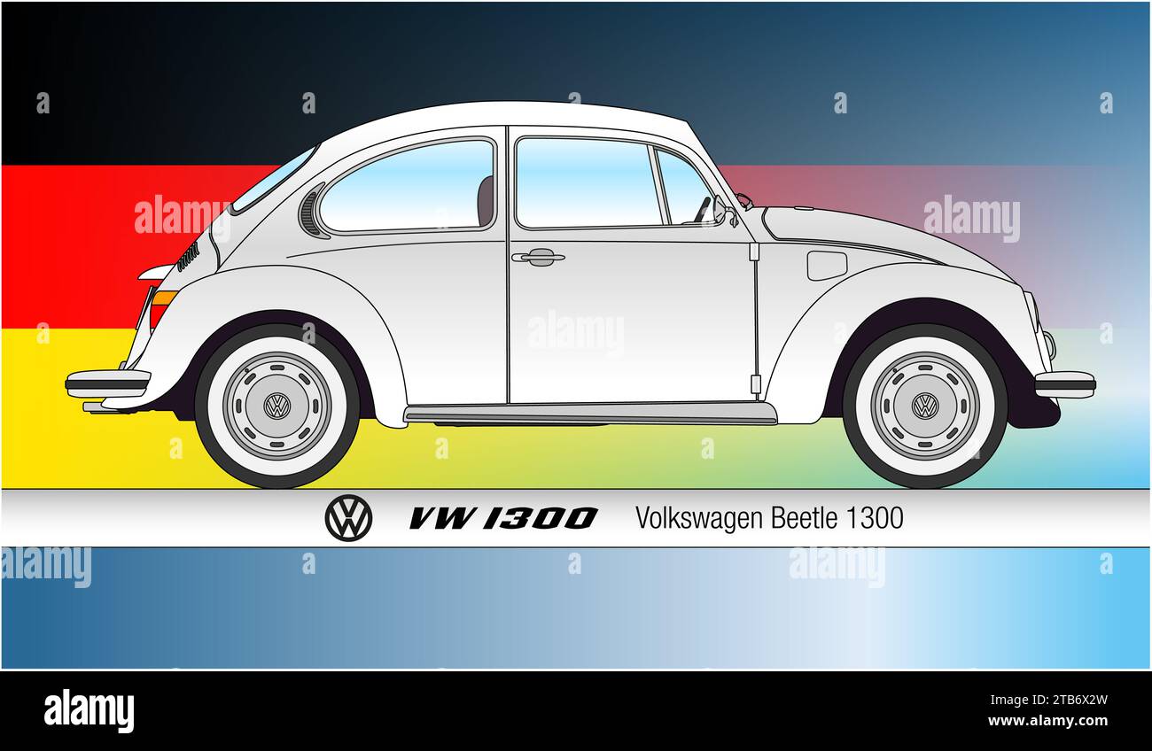 Deutschland, Jahr 1972, Volkswagen Beetle VW1303, Silhouette Oldtimer, weiße Illustration auf der deutschen Flagge im Hintergrund Stockfoto