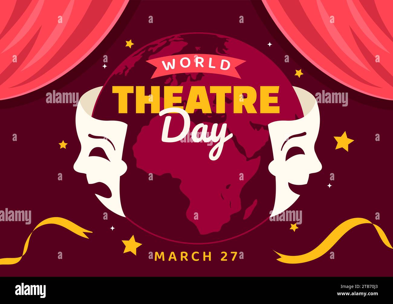 World Theatre Day Vector Illustration am 27. März mit Maske und roten Vorhängen, um darstellende Künste und Unterhaltung in flachem Cartoon Hintergrund zu erhalten Stock Vektor