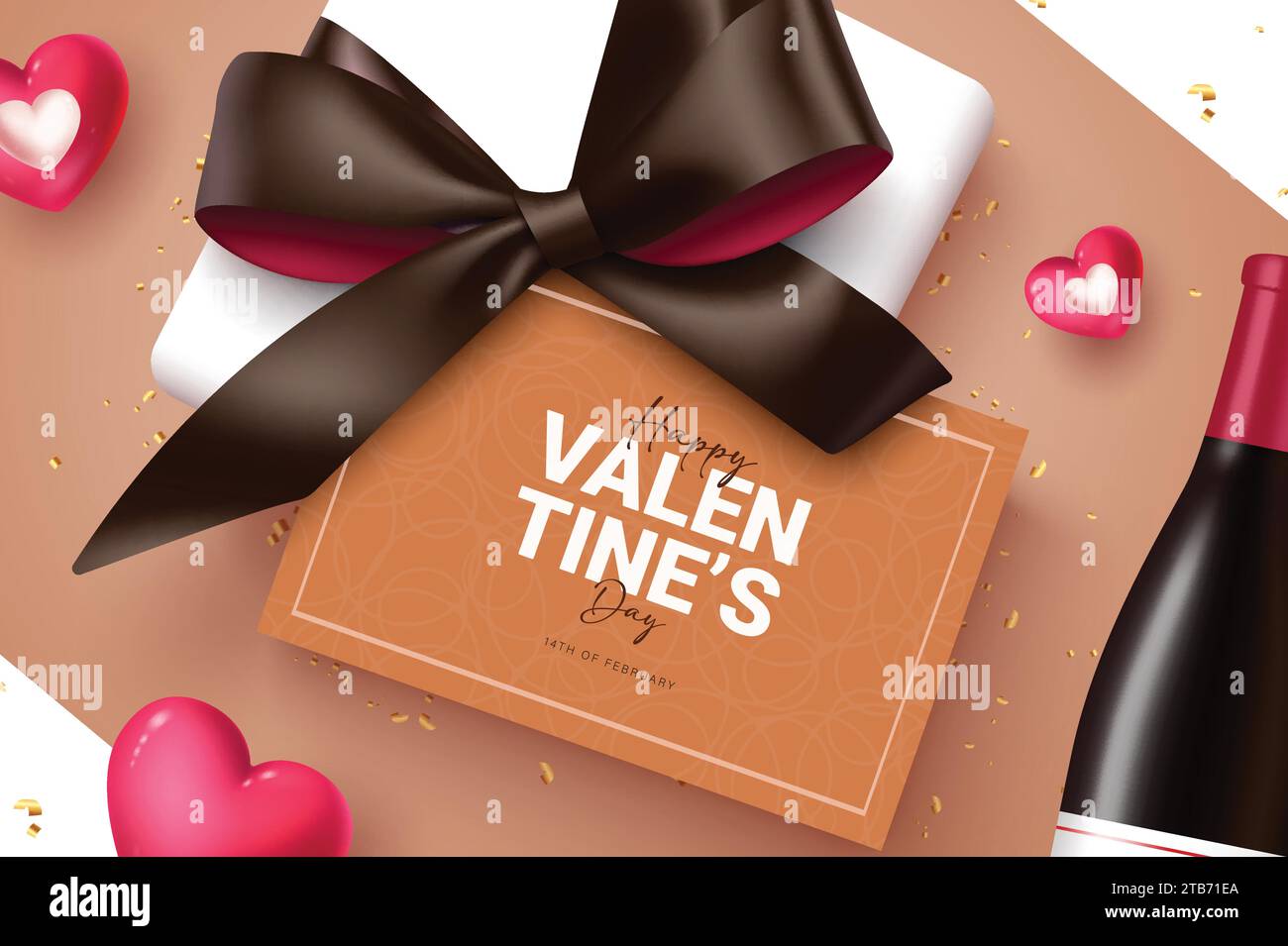 Valentinsgeschenk Grußkarte Vektor-Design. Geschenkbox zum Happy valentine's Day mit Band und Weinflasche romantisches Feiertagskonzept. Vektor Stock Vektor