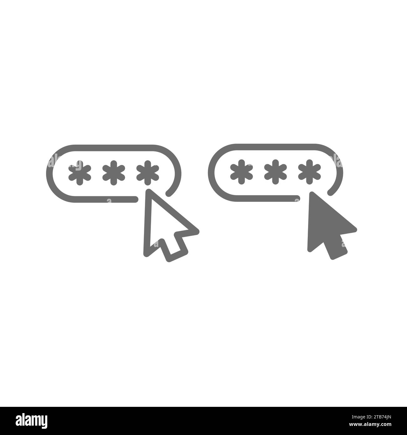 Kennwort, maskierte Zeichen und Mauspfeilvektorsymbole. Melden Sie sich an, und geben Sie die Symbolgruppe für bearbeitbare Konturen ein. Stock Vektor