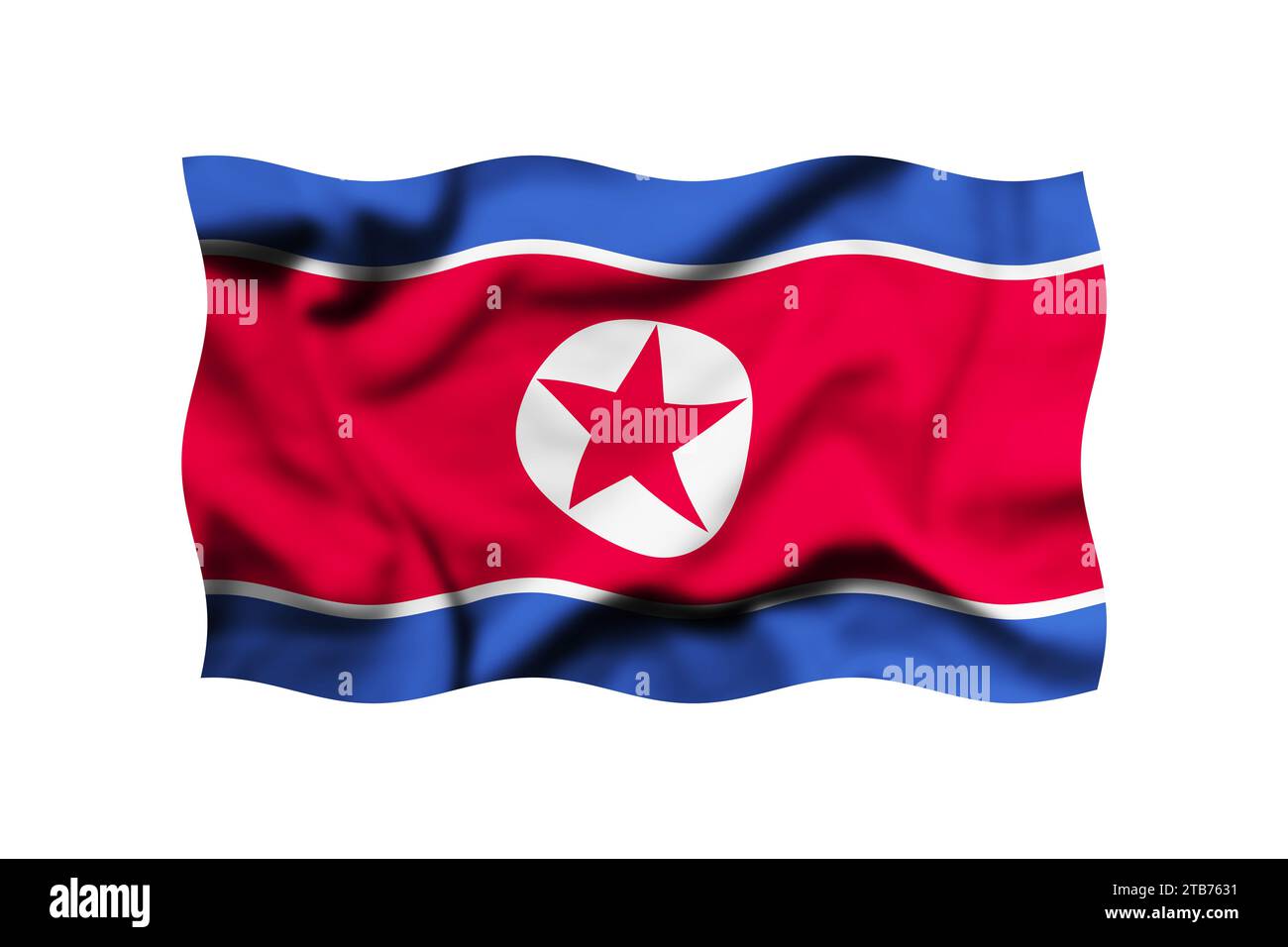 Die Flagge NORDKOREAS auf transparentem Hintergrund schwenken. 3D-Rendering. Beschneidungspfad Enthalten Stockfoto