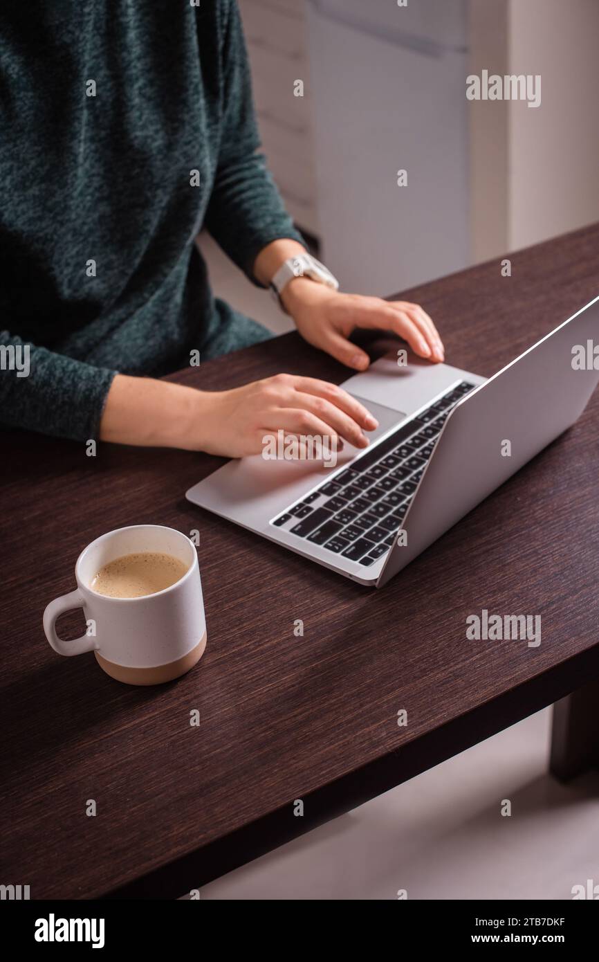 Produktives Arbeiten zu Hause. Frau tippt auf der Tastatur des Laptops Stockfoto