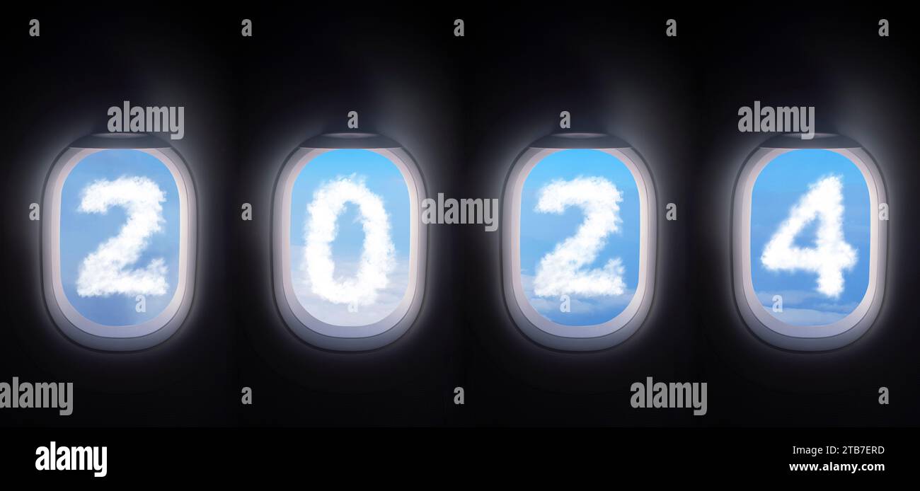 Wolke 2024 außerhalb des Flugzeugfensters öffnen vier Flugzeugfenster weiße Fensterblende mit blauem Himmel und weißer Wolke in 2024-Form Stockfoto