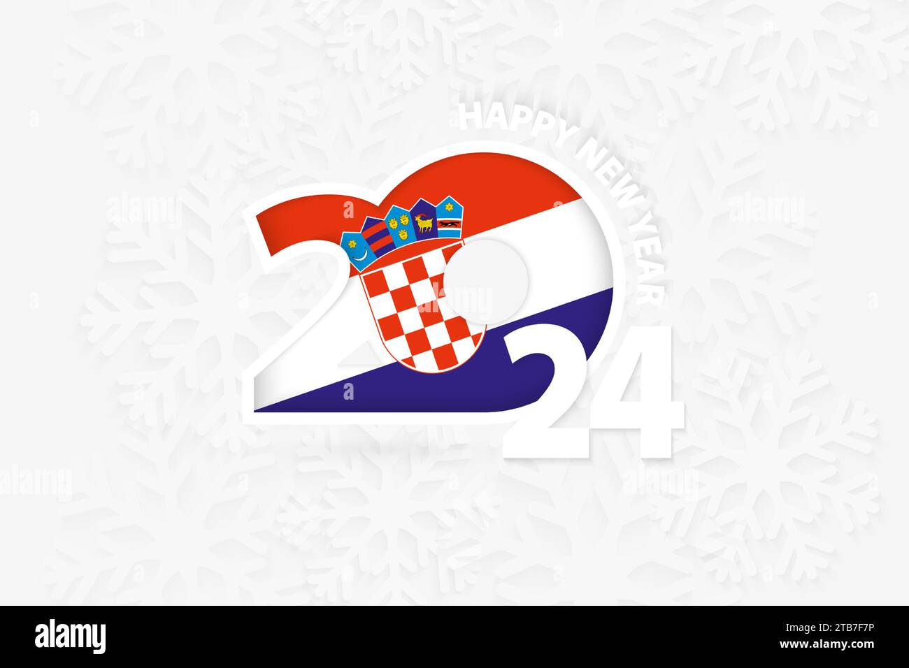 Neujahr 2024 für Kroatien auf Schneeflocken-Hintergrund. Begrüßung Kroatien mit dem neuen Jahr 2024. Stock Vektor