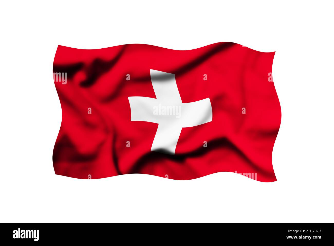 Die Flagge der Schweiz winkt auf einem transparenten Hintergrund im Wind. 3D-Rendering. Beschneidungspfad enthalten Stockfoto
