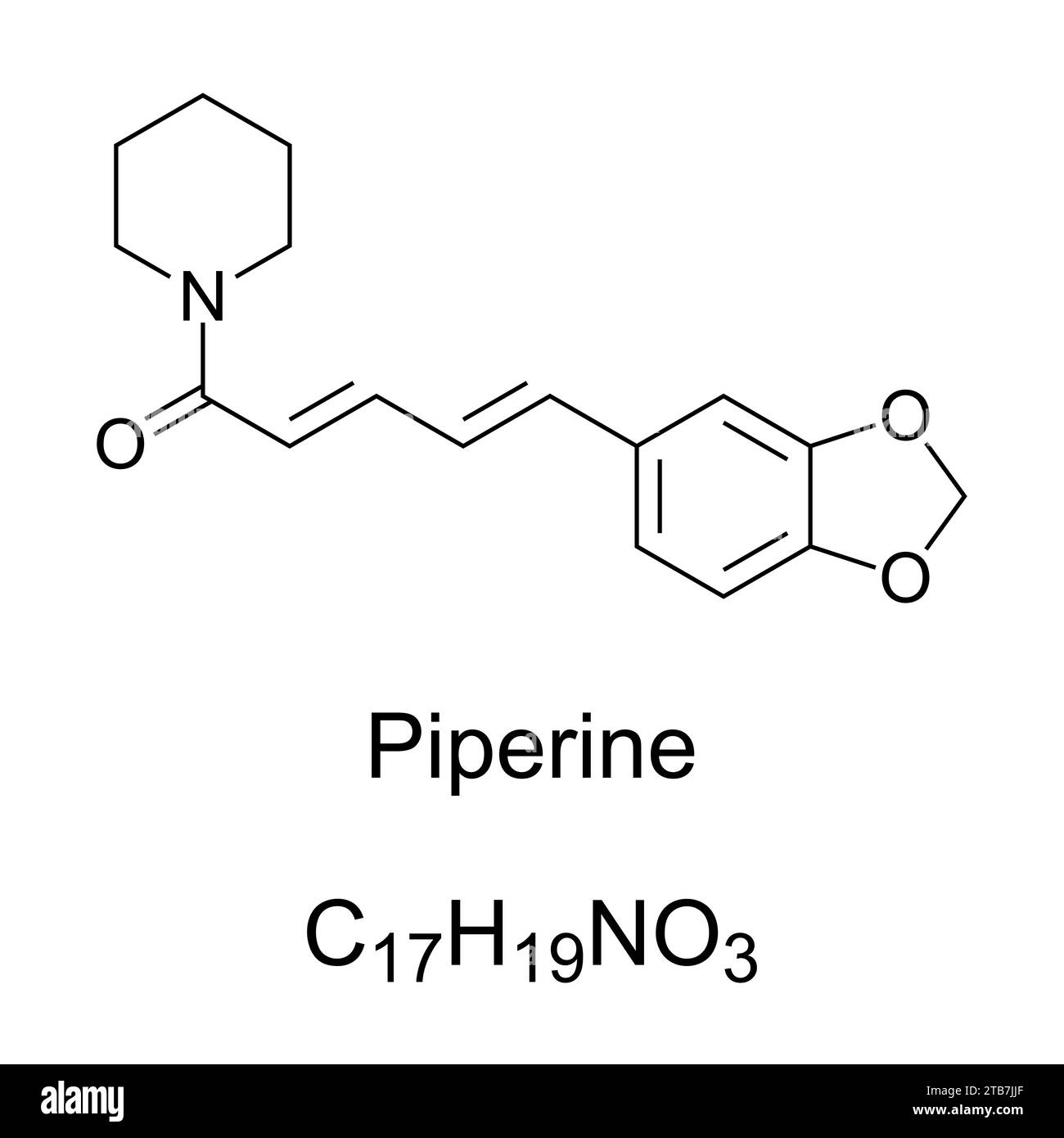Piperin, chemische Formel und Skelettstruktur. Die Verbindung, die für die Schärfe von schwarzem und langem Pfeffer verantwortlich ist, beide als Gewürz verwendet. Stockfoto